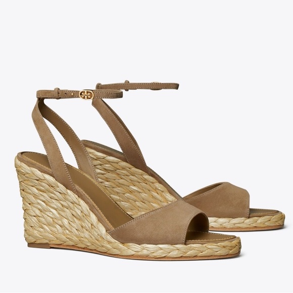 Tory Burch Women's Raffia Wedge Sandal Brown Wedge Leather Buckle Size 10.5 NIB - Picture 1 of 10